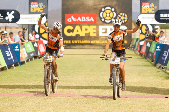 Womens stage winners Ariane Kleinhans & Annika Langvad of Specialized during stage 4 of the 2015 Absa Cape Epic Mountain Bike stage race from HTS Drostdy in Worcester, South Africa on the 19 March 2015 Photo by Gary Perkin/Cape Epic/SPORTZPICS PLEASE ENSURE THE APPROPRIATE CREDIT IS GIVEN TO THE PHOTOGRAPHER AND SPORTZPICS ALONG WITH THE ABSA CAPE EPIC