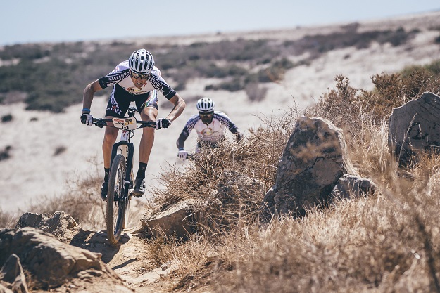 Team Investec Songo Specialized's Christoph Sauser and Sipho Madolo descends Spykers Hill during the Prologue of the 2016 Absa Cape Epic Mountain Bike stage race held at Meerendal Wine Estate in Durbanville, South Africa on the 13th March 2016 Photo by Ewald Sadie/Cape Epic/SPORTZPICS PLEASE ENSURE THE APPROPRIATE CREDIT IS GIVEN TO THE PHOTOGRAPHER AND SPORTZPICS ALONG WITH THE ABSA CAPE EPIC ace2016